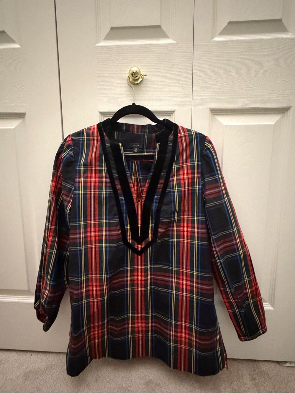J. Crew Red Plaid Jacket with Black Velvet Trim